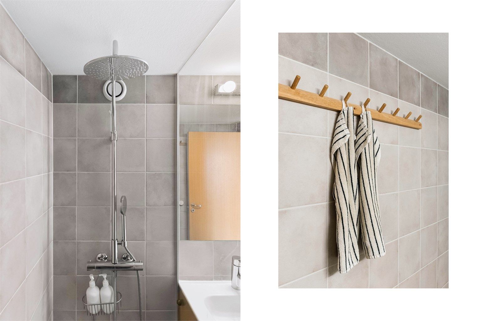 Dusjarmatur i krom og praktiske opphengsløsninger gjør badet like funksjonelt som det er innbydende.