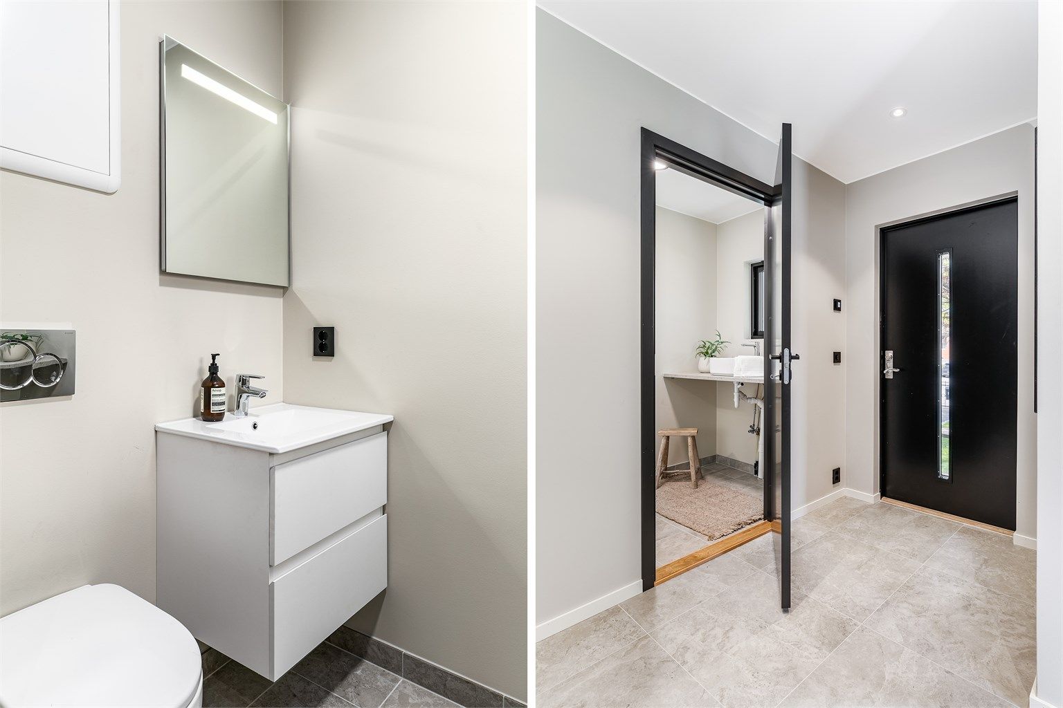 Vaskerom kombinert som toalettrom er tilknyttet entreen. Også dette er helt nytt og har i likhet med badet gulvvarme.