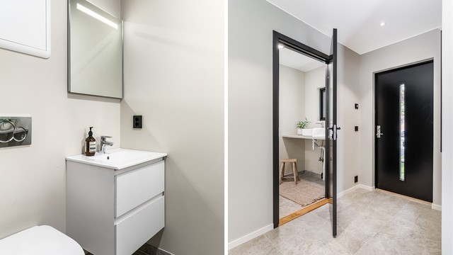 Vaskerom kombinert som toalettrom er tilknyttet entreen. Også dette er helt nytt og har i likhet med badet gulvvarme.