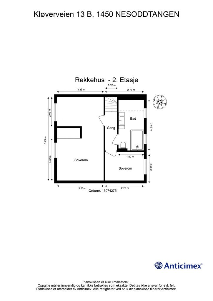 Plantegning 2. etasje - kan enkelt tilbakestilles til 3 soverom