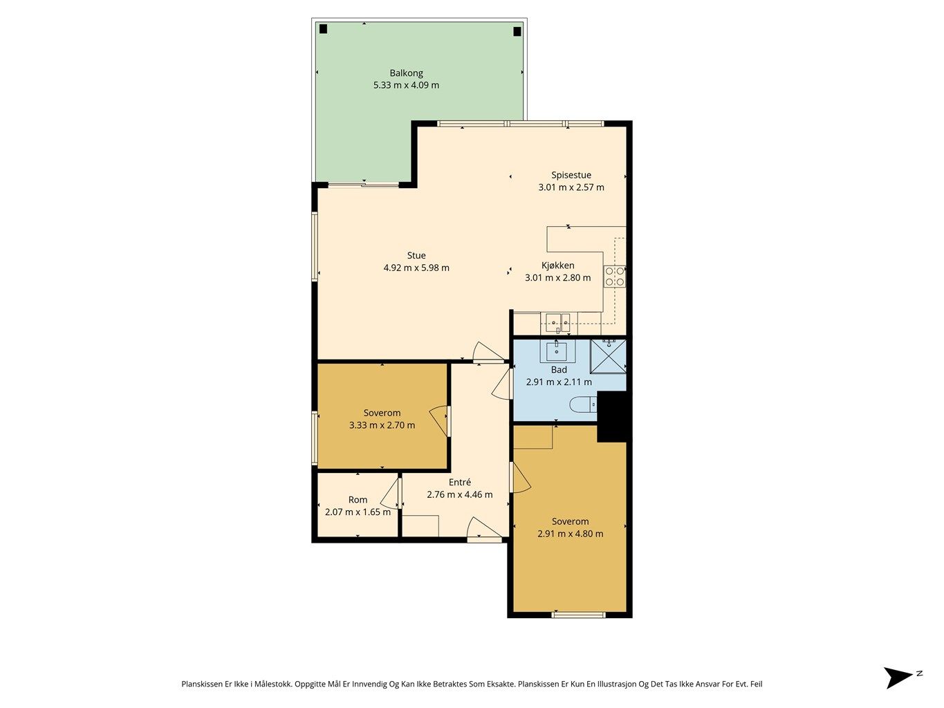 Plantegningen viser en arealeffektiv planløsning med to soverom, bad og åpen stue-kjøkkenløsning.