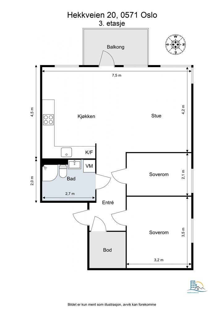 Boligen inneholder entré, stue, kjøkken, bad og to soverom.