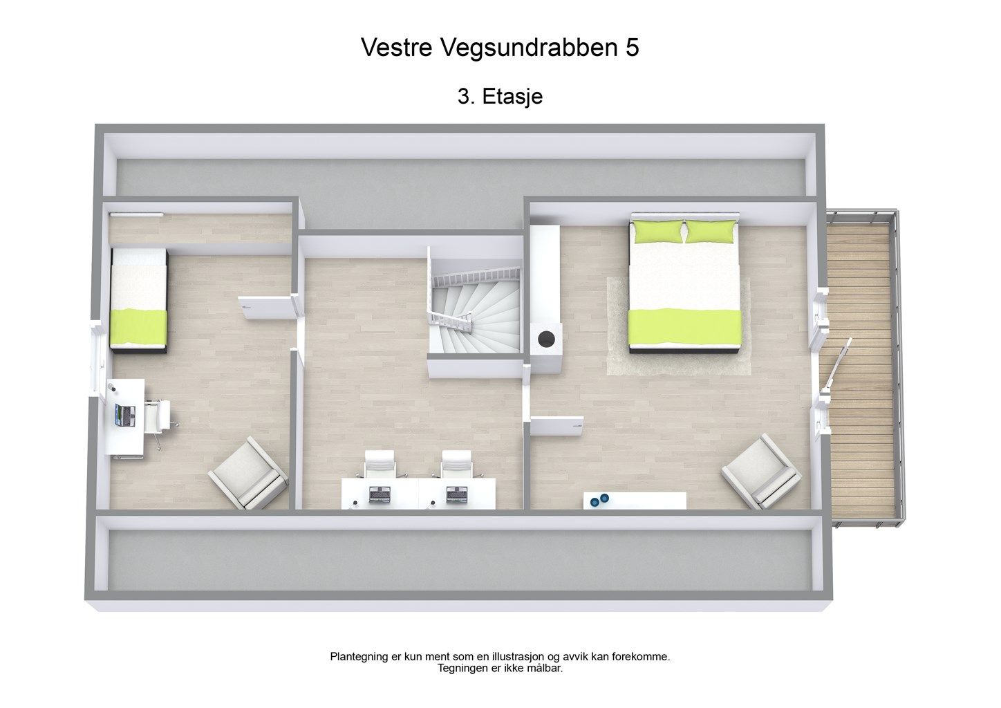 Illustrasjon av planløsningen for loftsetasjen.