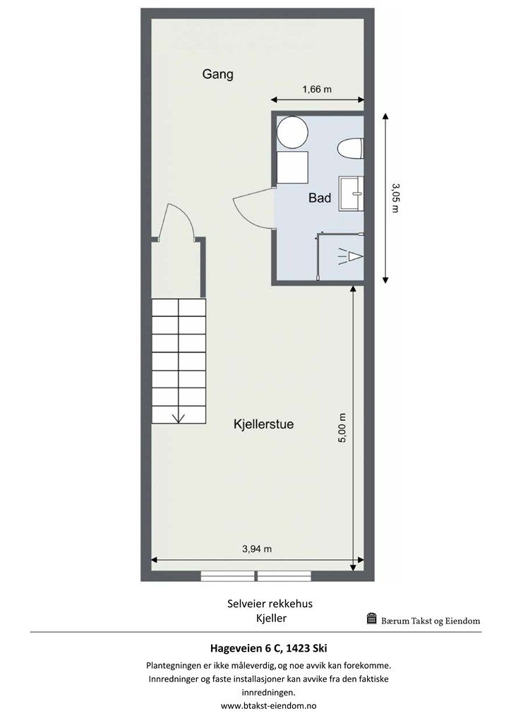 Plantegning kjeller. 
(Kjellerstuen og baderom er opprinnelig byggemeldt som disponibelt rom, og bruksendring av rommet er ikke godkjent for varig opphold).