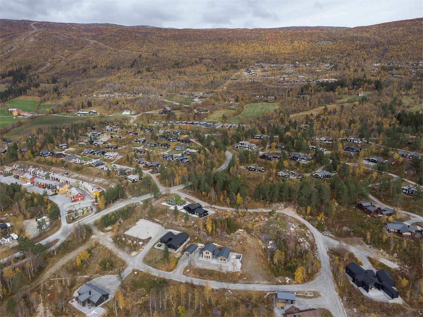 Dronebilde av hyttefeltet og nærområdet