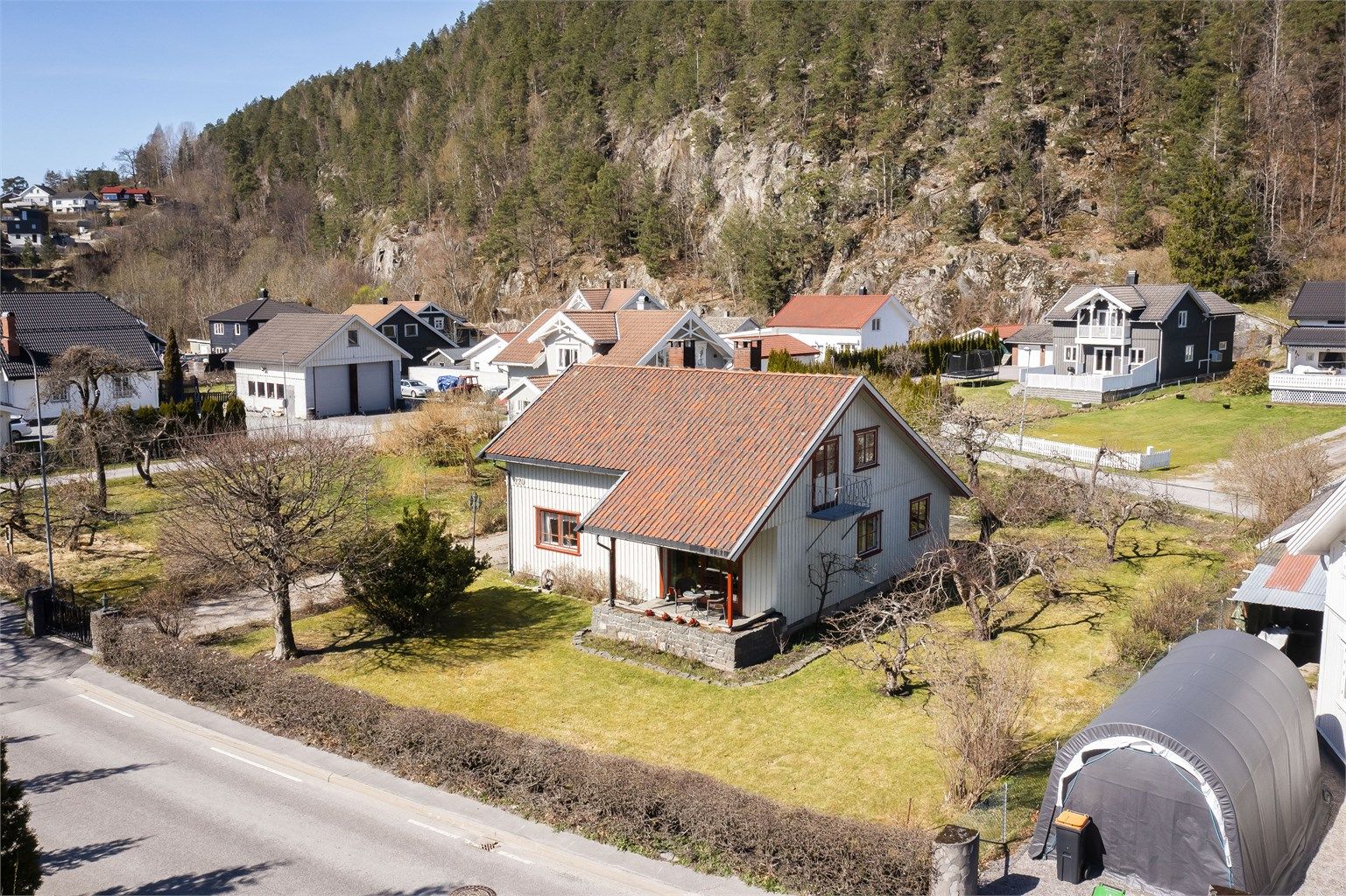 Flat og lettstelt hage med børbusker, trær og plen
