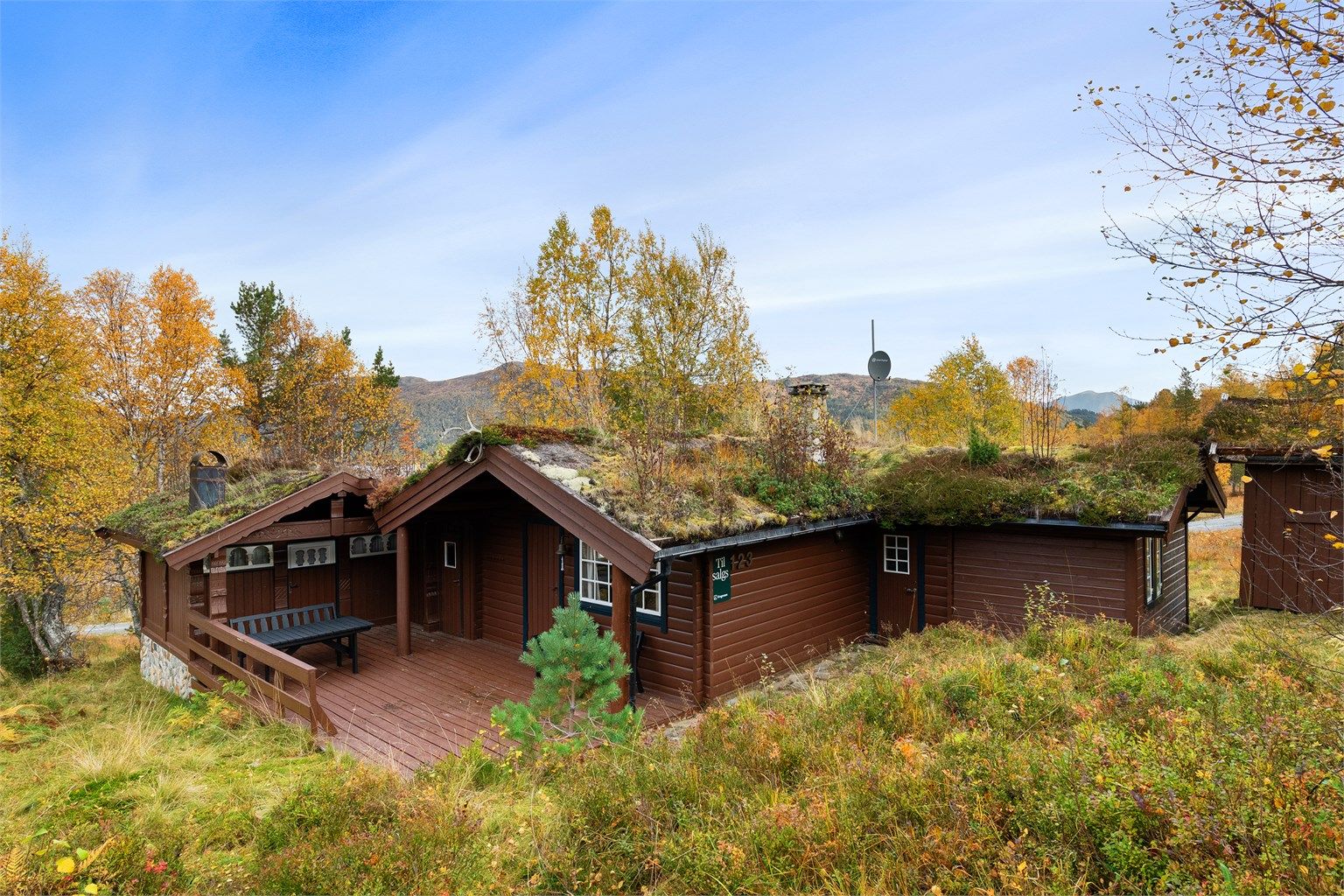 Fasade av hytte, anneks og flott uteområde 