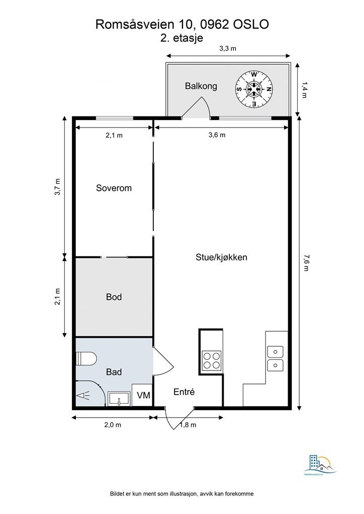 Boligen har en praktisk planløsning med åpen stue- og kjøkkenløsning, soverom, bad og bod.