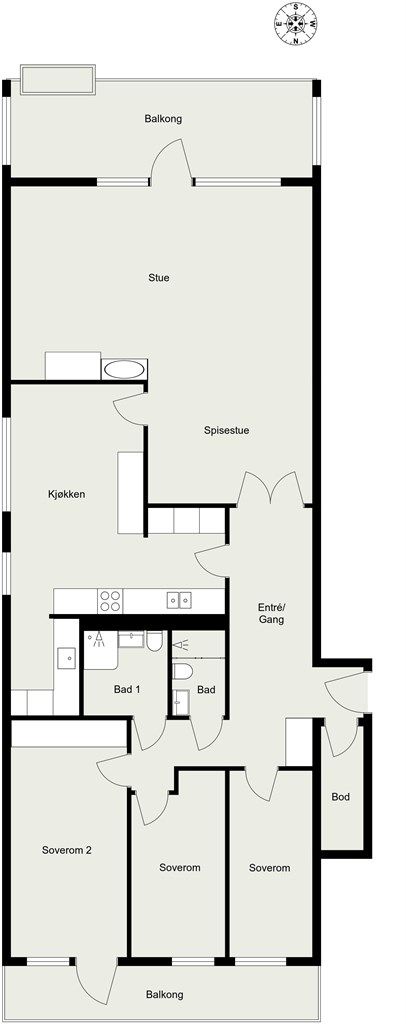 Alternativ plantegning som viser potensiale for 3 soverom (opprinnelig planløsning)