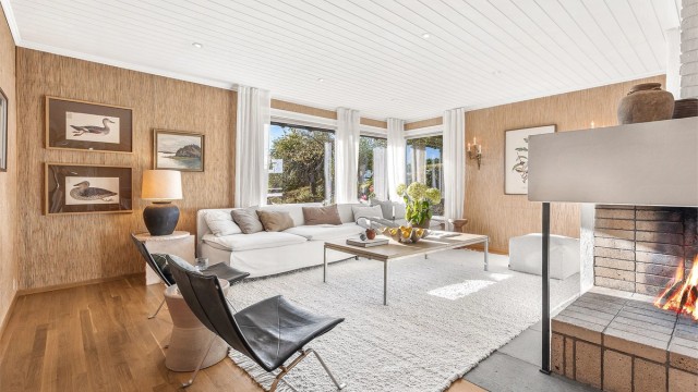 Lys og luftig stue med hyggelig peis midt i rommet og adkomst til terrasse