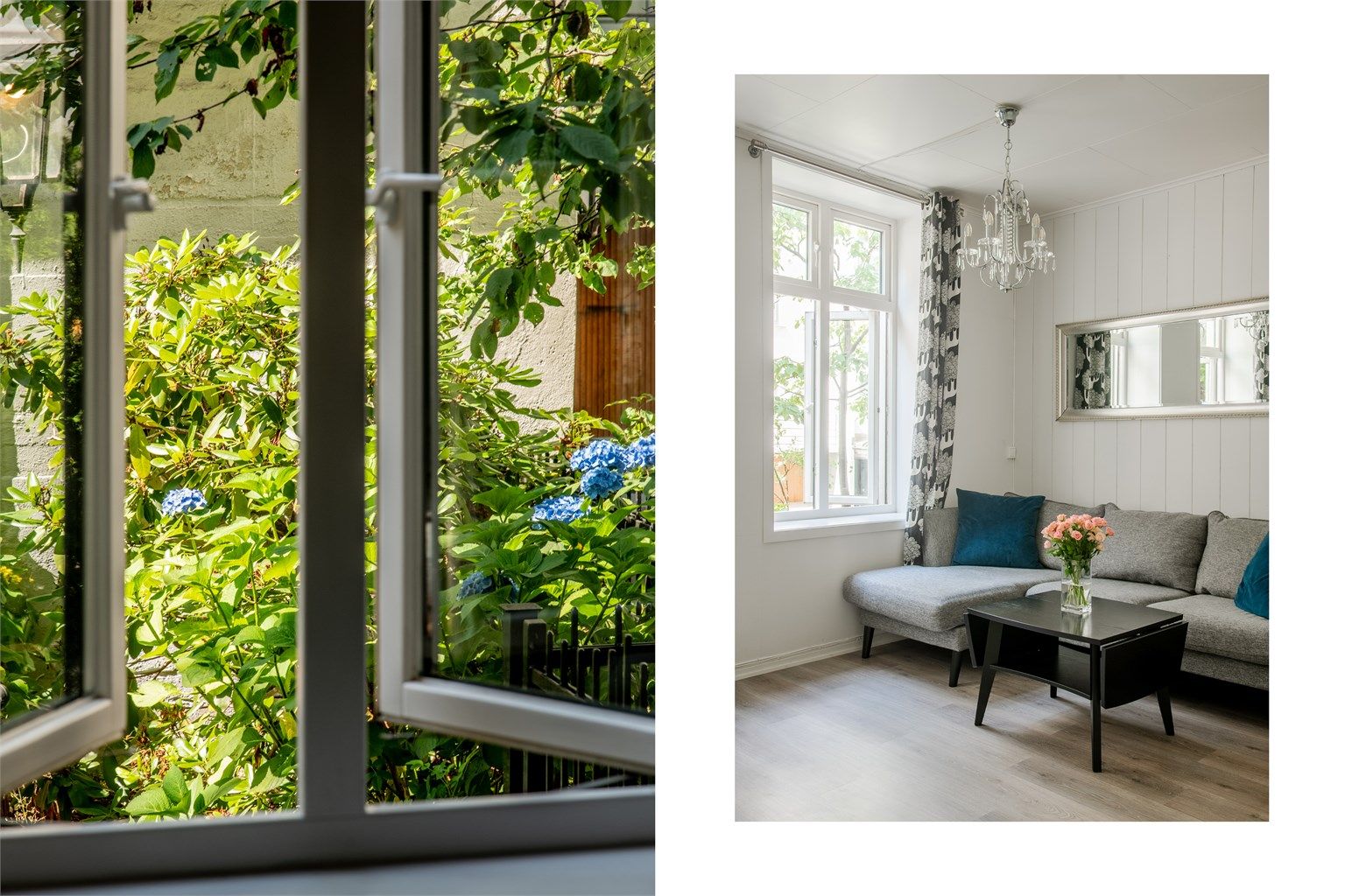 Stuen har store vindusflater som gir godt med naturlig lys.