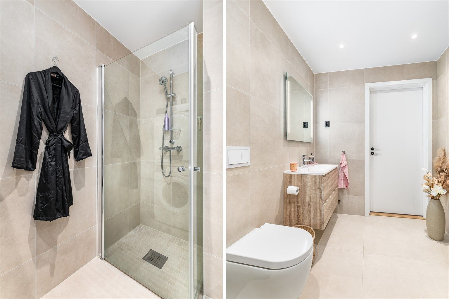 Arealet er velutnyttet også på badet, med dusjhjørne inntrukket i nisje og avsatt plass til vaskesøyle.