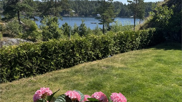 Uteområdet er en solrik og privat sone med utsikt mot fjorden.