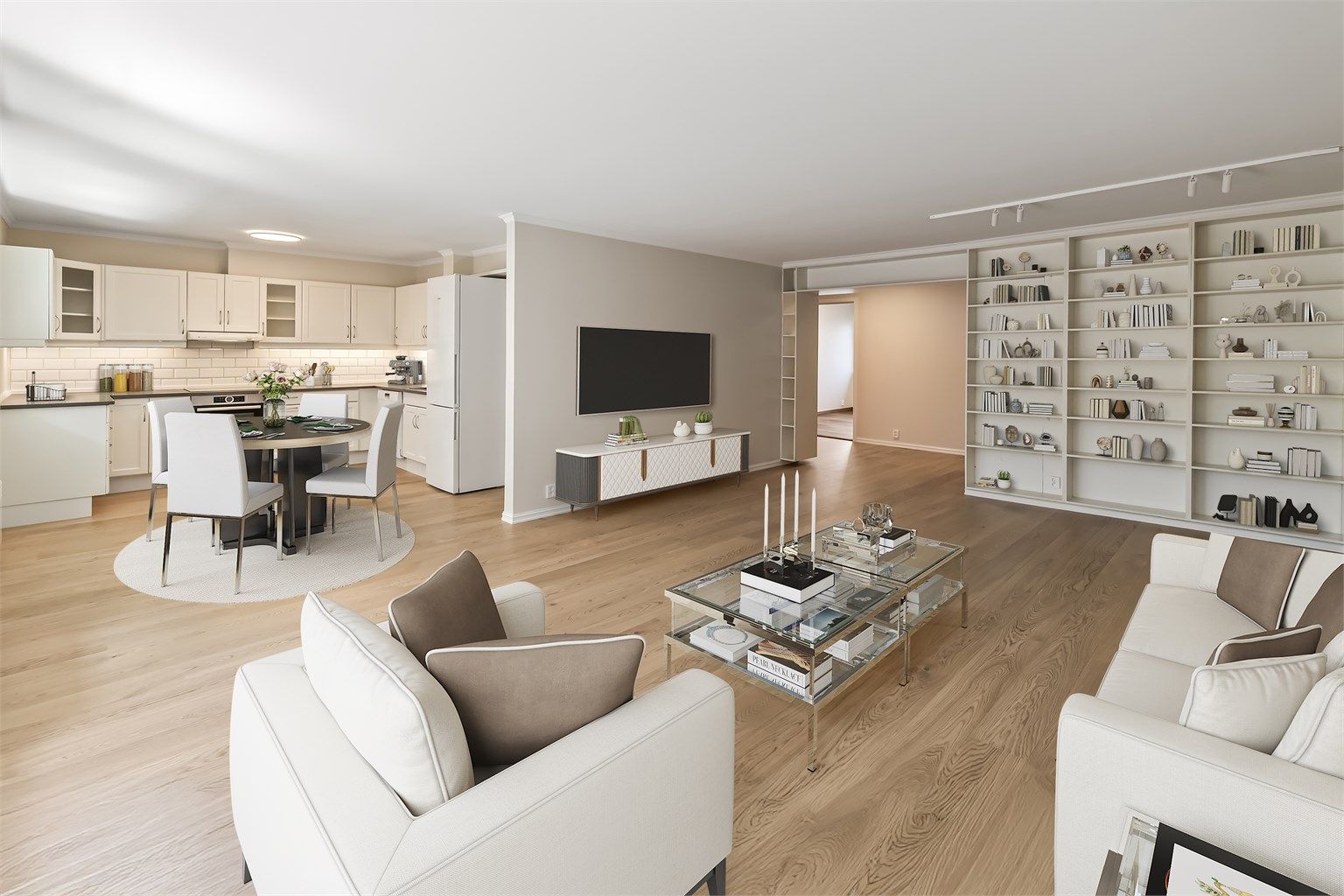 Megler er imponert over stuen som trygt kan kalles for romslig med utgang til overbygd balkong