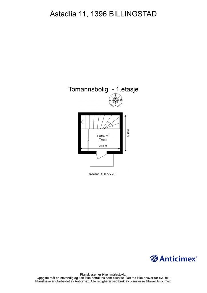 Plantegning for 1. etasje viser entré med trapp opp til hovedplanet.