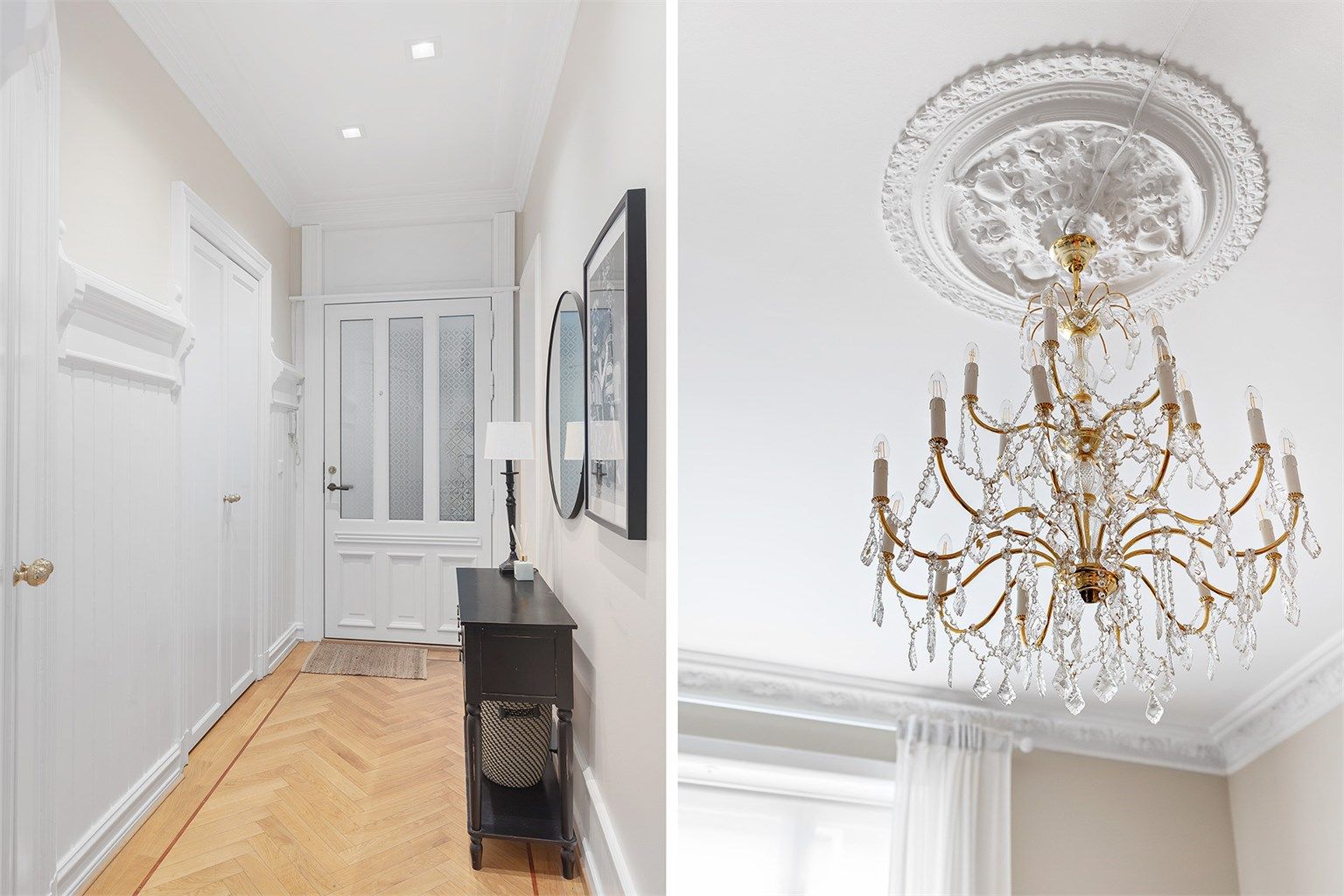 Lys og fin entré med innebygd skapplass samt inngang til gjestetoalett. 