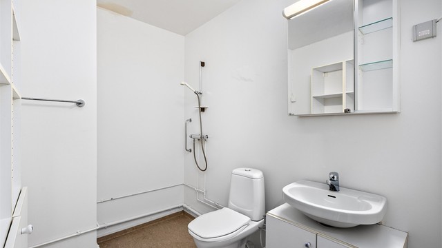 Bad med standard fra byggeår. Badet er innredet med dusjhjørne, gulvstående WC og servant med tilhørende skap. Full oppussing av badet må påregnes
