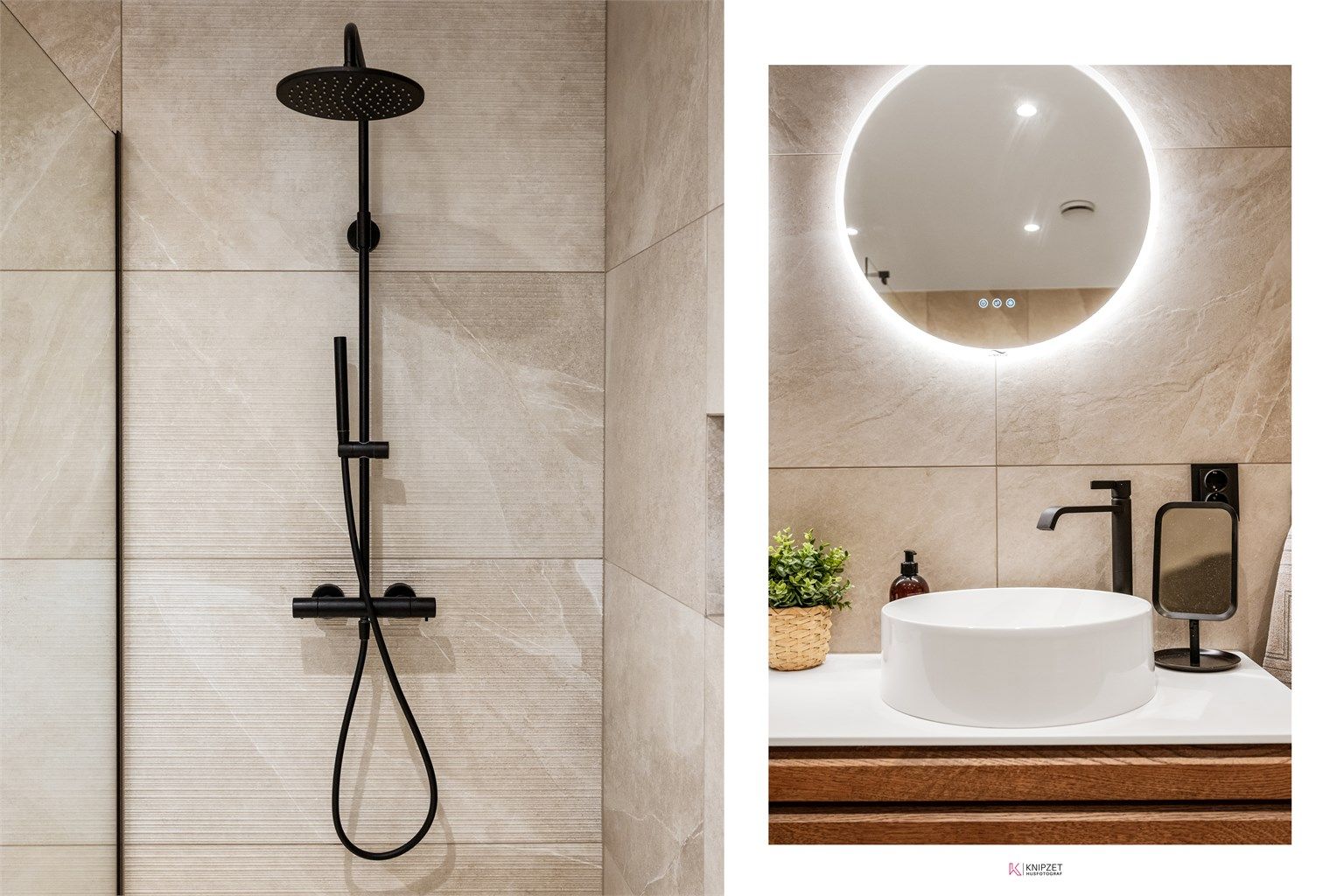 Detaljer fra det nye badet, med vegghengt dusjarmatur som inkluderer både hånddusj og regndusj.