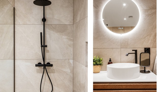 Detaljer fra det nye badet, med vegghengt dusjarmatur som inkluderer både hånddusj og regndusj.