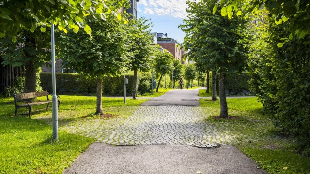 Hyggelige gangstier gjennom et bilfritt og barnevennlig bomiljø.