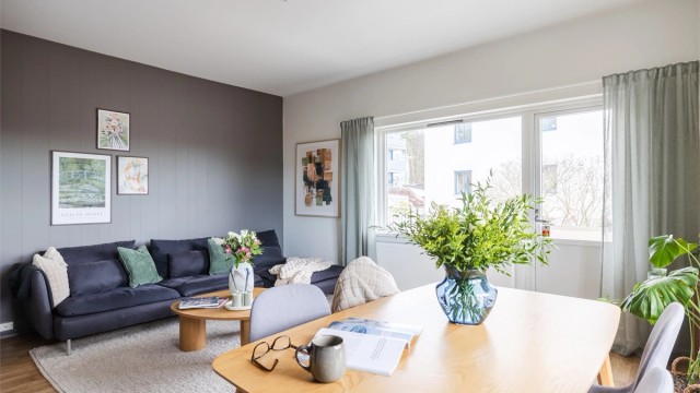 Åpen og hyggelig stue med flere store vinduer på flere veggflater som slipper inn rikelig med lys.