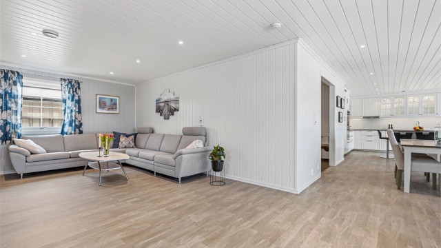 Hovedstue med fin plass til både sofakrok, spisestueplass og sittegruppe. Praktisk med åpen løsning mot kjøkken