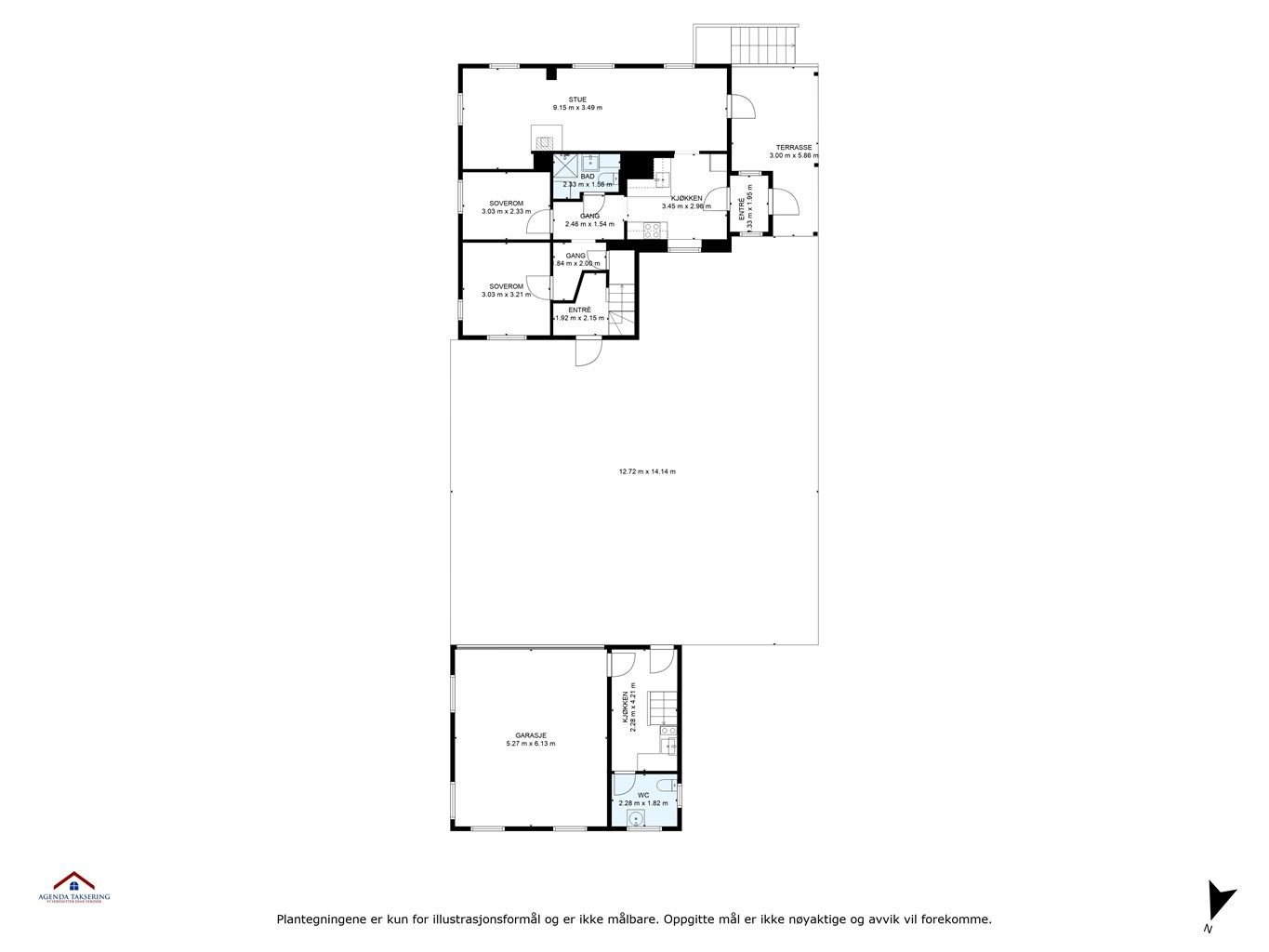 Plantegning med innvendige mål og himmelretning. 