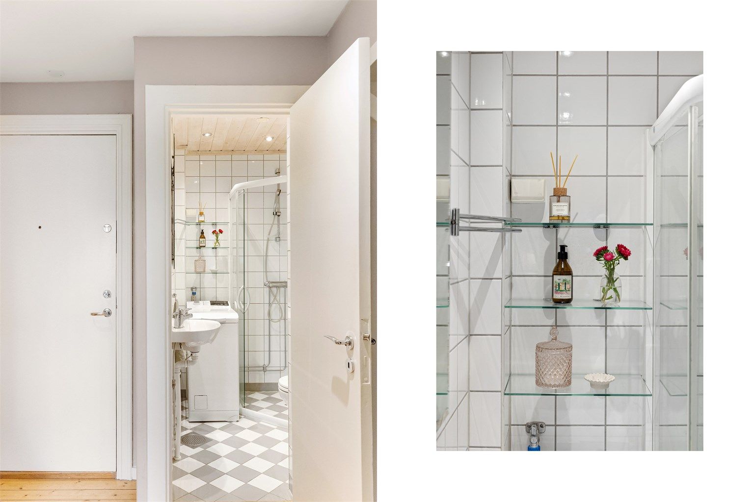 Badet er innredet med dusjhjørne med buede glassdører, vegghengt toalett med innebygget sisterne og praktiske glasshyller til dine favorittprodukter.