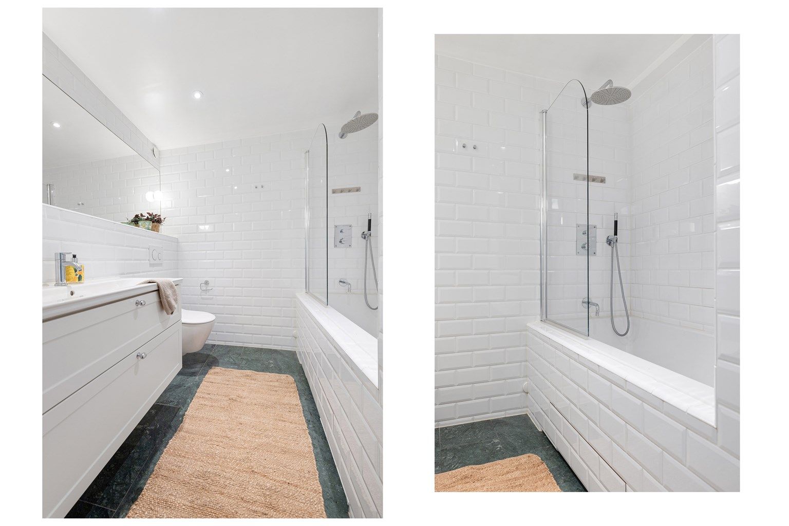 Baderommet ble pusset opp i 2021 med flislagte overflater, gulvvarme og badekar med dusj, veggmonterte Flos Lamper og marmor på gulv.  Foto: Trond Walsø / Walso Work