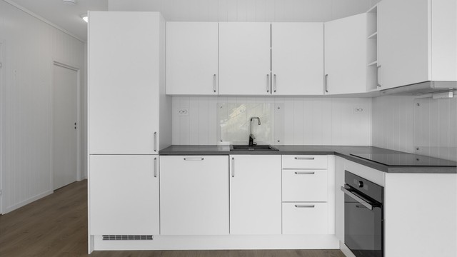 Kjøkkenet er utstyrt med oppvaskmaskin, stekeovn og kjøkkenventilator med kullfilter.