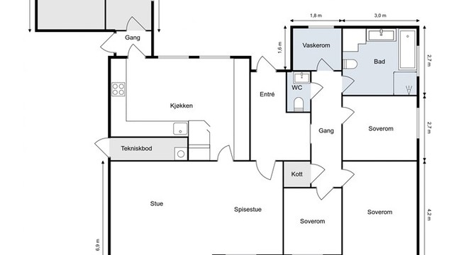 Praktisk og familievennlig planløsning med alt på ett plan, tre soverom, separat vaskerom og direkte adkomst til garasjen.