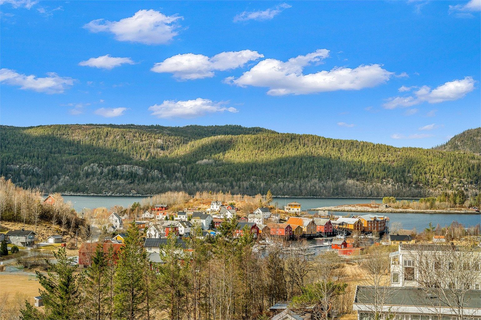 Nydelig utsikt over fjorden og den sjarmerende bryggerekka i Råkvåg – et idyllisk område med maritim atmosfære og vakre omgivelser.