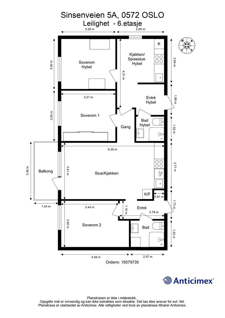Med et samlet bruksareal på 81 m² fordelt på tre soverom, to bad og to kjøkken, gir boligen mange bruksmuligheter. Døren til hybel delen kan låses 