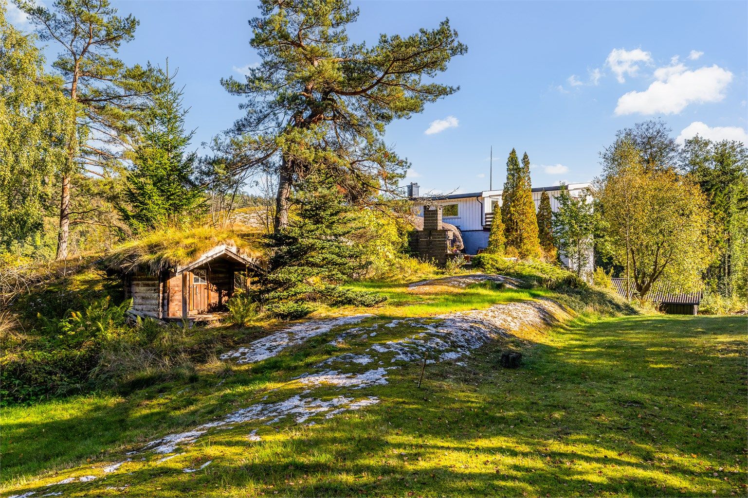 Store deler av eiendommen er naturtomt. Det søte lille dukkehuset går nesten i ett med naturen.