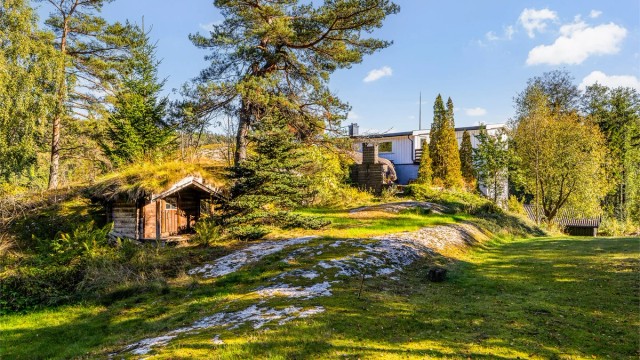 Store deler av eiendommen er naturtomt. Det søte lille dukkehuset går nesten i ett med naturen.