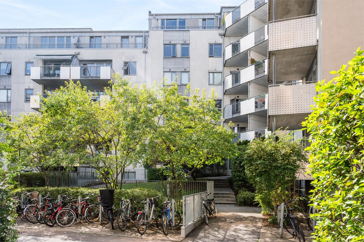 En skjermet og grønn bakgård med sykkelparkering skaper rolige omgivelser midt i byen.