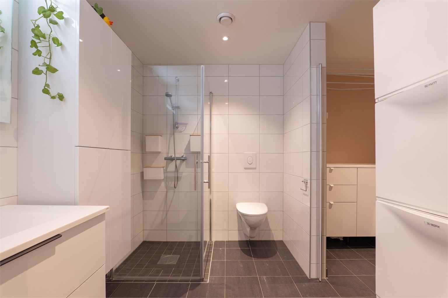 Arealkrevende vaskemaskin og tørketrommel har dedikert plass i vaskeromsdelen av badet.
