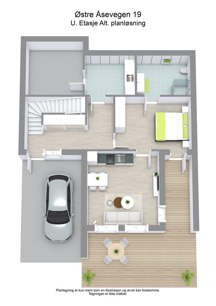 Alternativ 3D plantegning i underetasjen med utleiedel