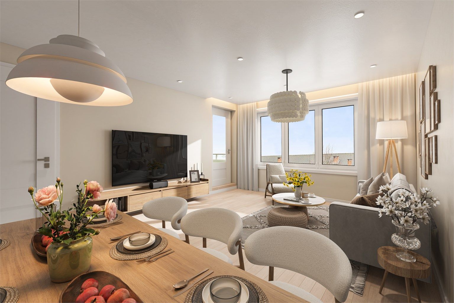 Lys og romslig stue – her vist med virtuell styling for inspirasjon.