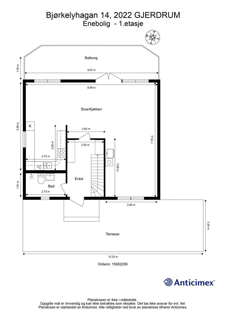Plantegning 1.etasje. Areal vedrørende balkong med adkomst fra stue/kjøkken er halvert.