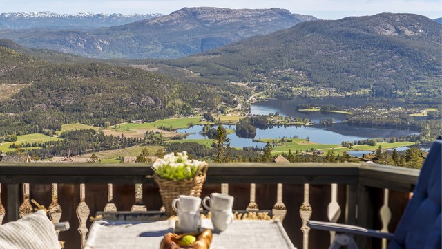 Utsikt fra terrassen mot Nisser og fjellene rundt.
