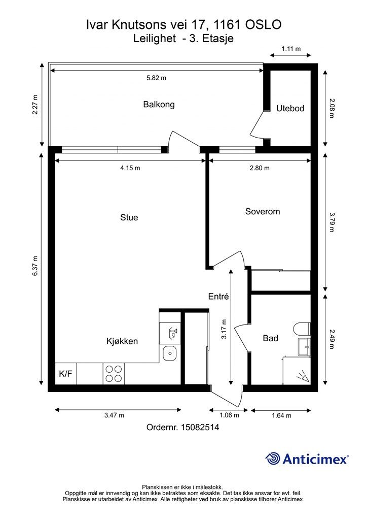 Effektiv planløsning på 45 m² som omfatter entré, bad, soverom og en åpen stue- og kjøkkenløsning med utgang til balkong.