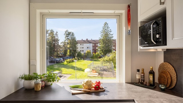 Utsyn fra kjøkkenvinduet mot grønne fellesområder.