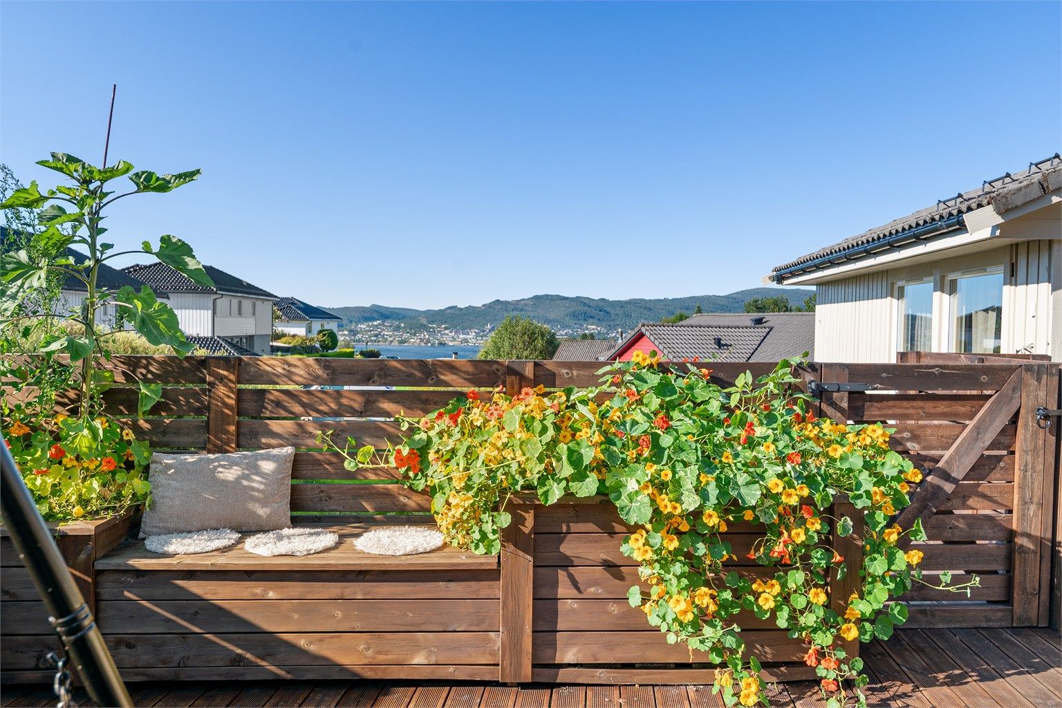 Nydelig utsikt mot sjø og nærområdet.