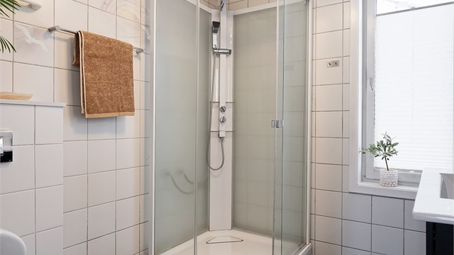 Det er dusjkabinett med dusjarmatur og vegghengt toalett.