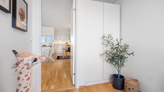 Fra gangen åpner leiligheten seg opp mot kjøkkenet og stuen.