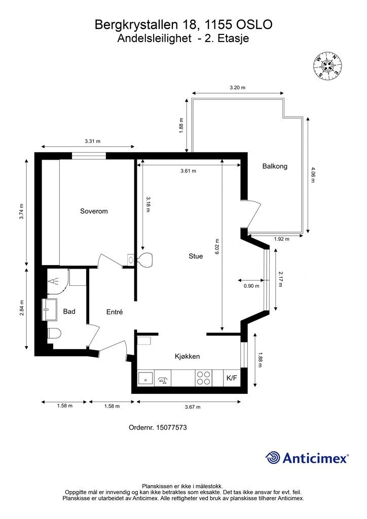 Plantegningen viser en arealeffektiv leilighet med en praktisk og gjennomgående planløsning.