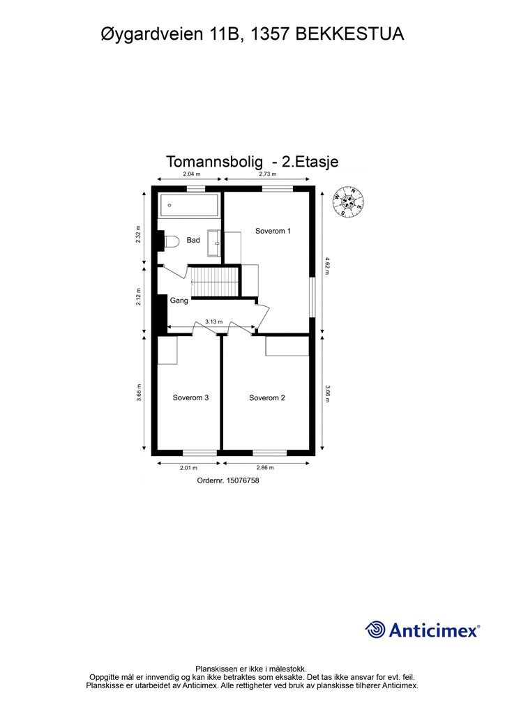 Plantegning for 2. etasje, som rommer tre soverom og et bad.