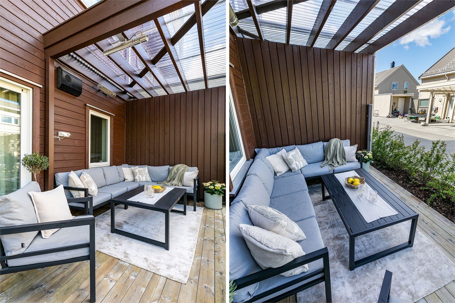 Pergola med varmelamper og tett tak gjør det bekvemt å sitte utendørs, også på de lyse og fine sommerkveldene.