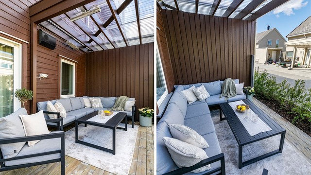 Pergola med varmelamper og tett tak gjør det bekvemt å sitte utendørs, også på de lyse og fine sommerkveldene.